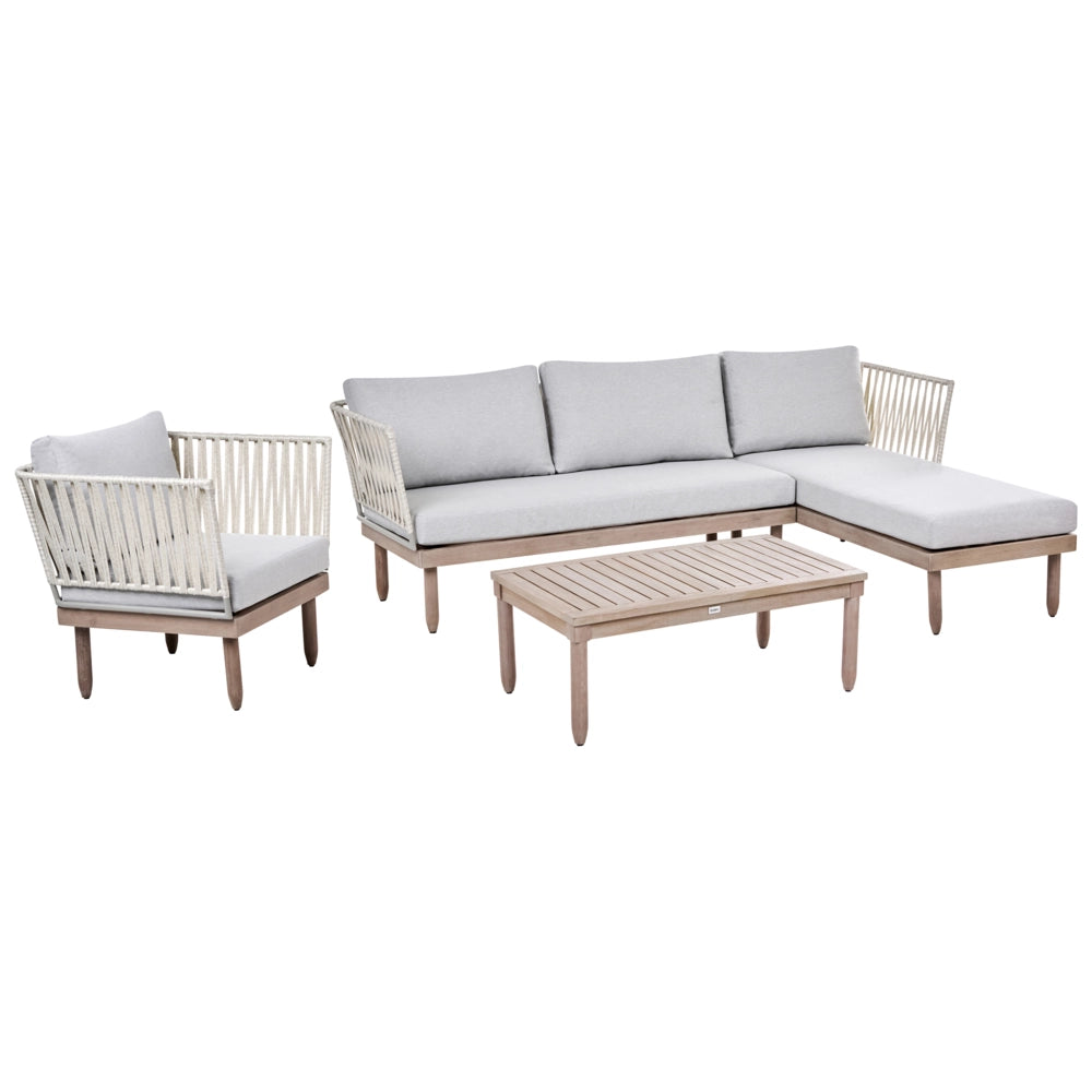 Set Lounge da Esterno in Legno di Acacia con Cuscini Grigi Poltrona in Finto Rattan Tavolino Sinistro 4 Posti