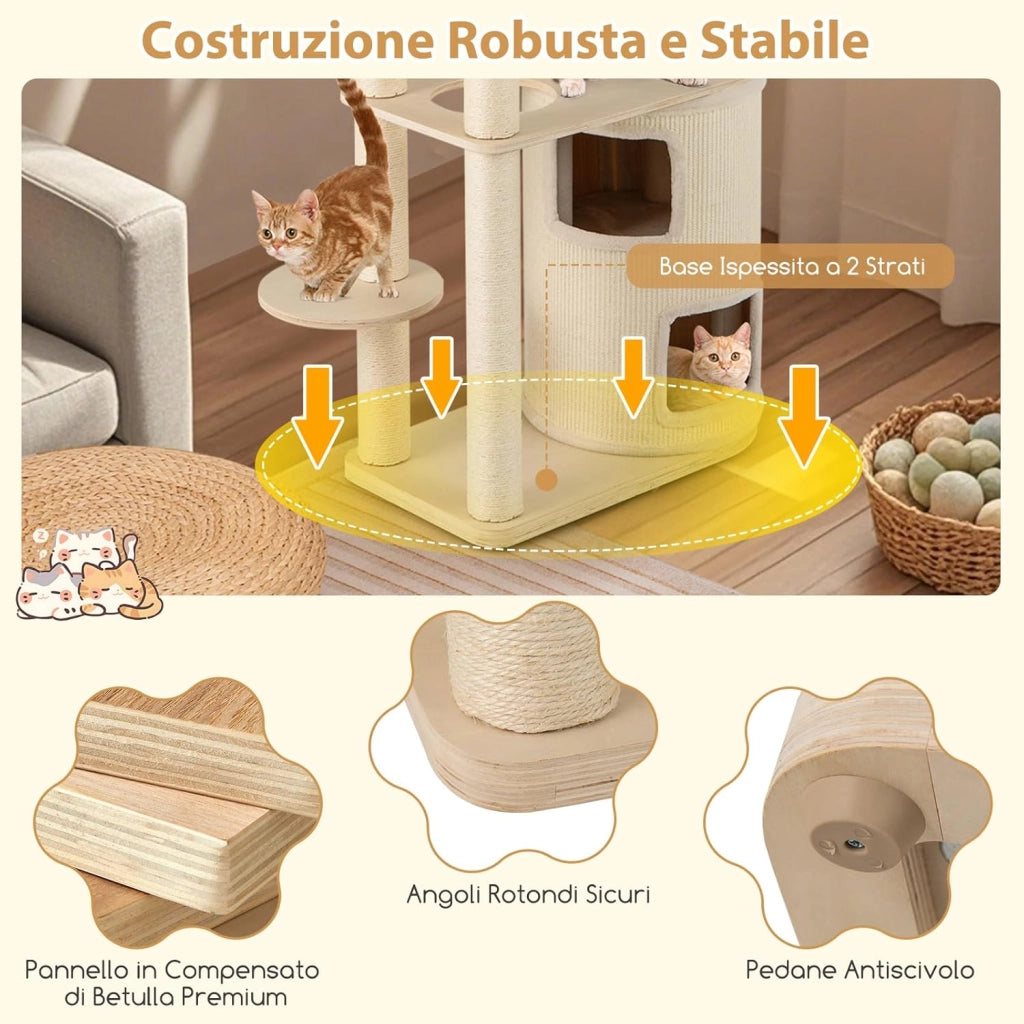 Albero per Gatti 151 cm, Tiragraffi per Gatti Adulti con Condo a 2 Piani, Tiragraffi in Sisal e Tappetino, Amaca e Cuscino, Mobile per Animali Domestici