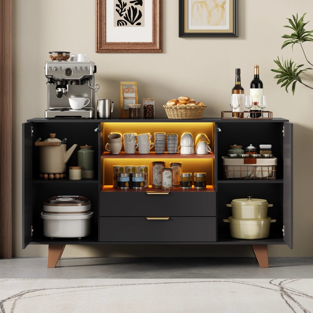 Credenza multifunzione con LED RGB, 2 cassetti, ripiani regolabili e vani aperti, 150 × 40 × 90 cm