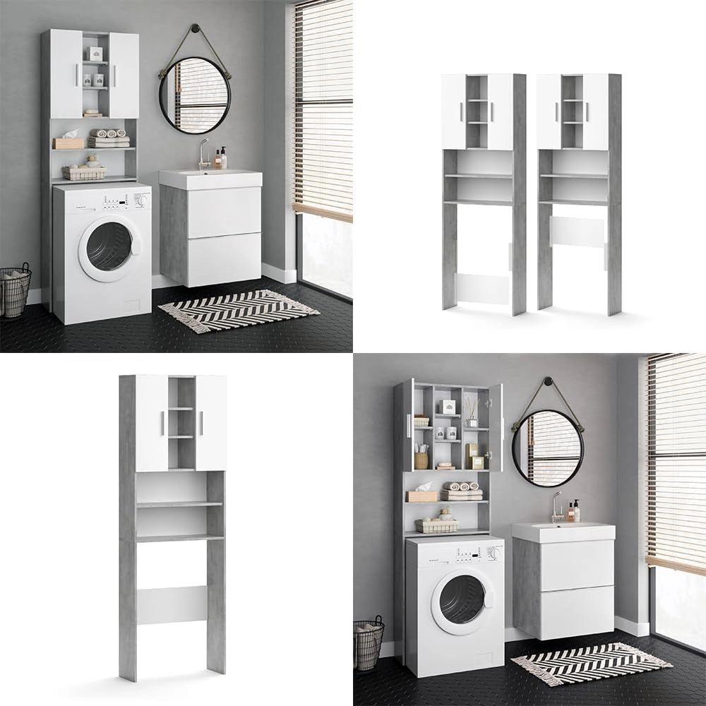 Mobile per lavatrice Luis, Calcestruzzo, 64 x 190 cm, per la conservazione di detersivi e accessori da bagno
