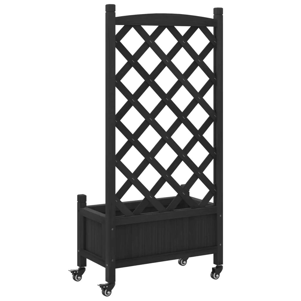 Portavaso per fioriera aiuola rialzata piante fiori terrazza giardino con traliccio e ruote legno massello di abete nero 02_0038375