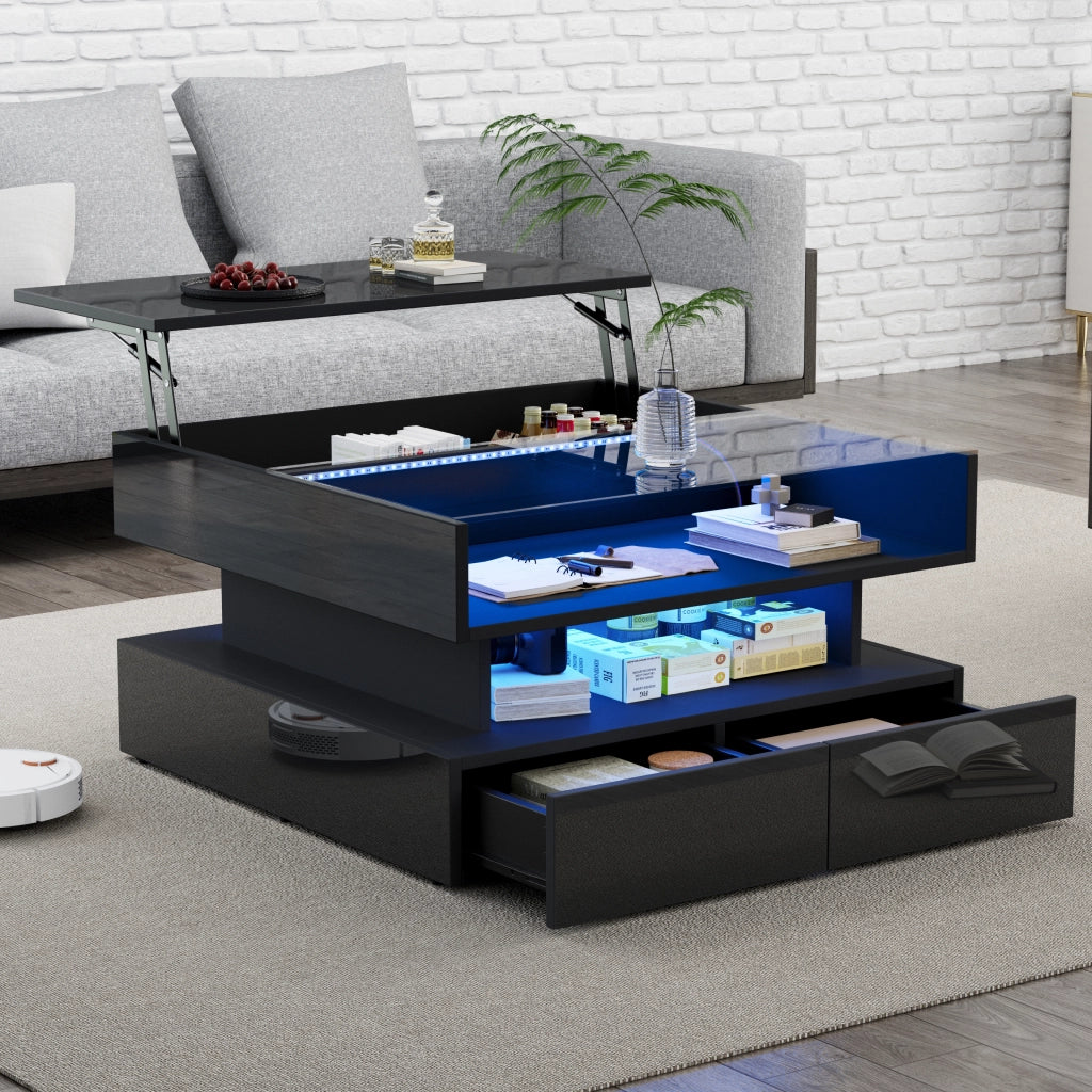 TAVOLINO da caffè 80x80x45 cm nero con LED e 2 cassetti