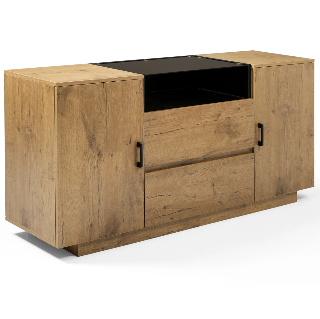 Credenza 140x40x70 cm con 2 cassetti; 2 ante e vano aperto in legno; vetro e metallo rovere chiaro