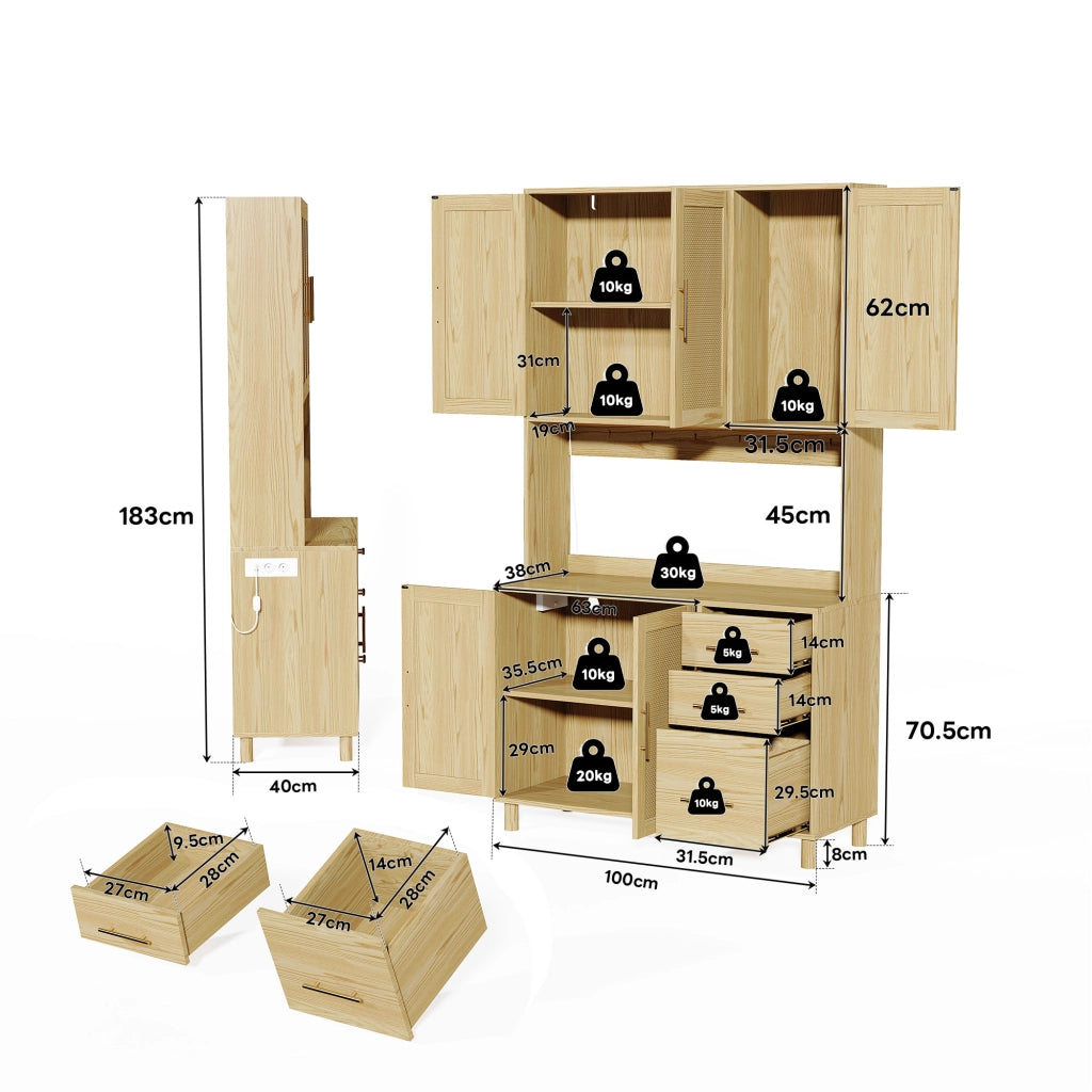 Credenza da Cucina con 3 Cassetti; 3 Ante; 2 Ripiani Regolabili; LED e Prese; per Cucina; in MDF; Naturale