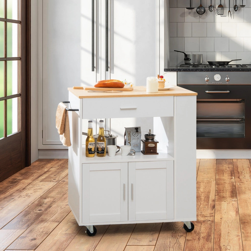 Isola da cucina su ruote con portaspezie cassetto grande armadietto a 2 porte, Carrello da cucina rotante Bianco-Carrelli