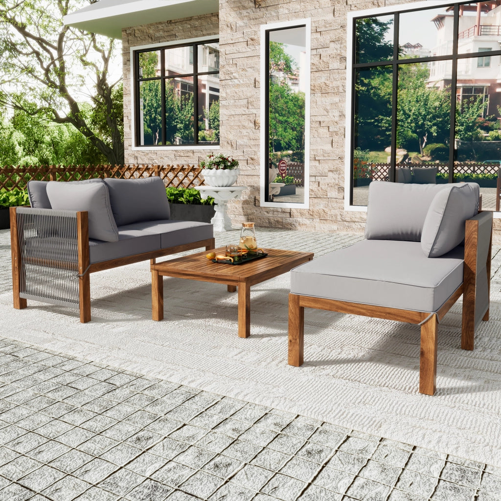 Salotto da Giardino con 2 Divani 2 Posti e 1 Tavolino; Braccioli in Corda Intrecciata; per Terrazza; Legno e Ferro; Grigio
