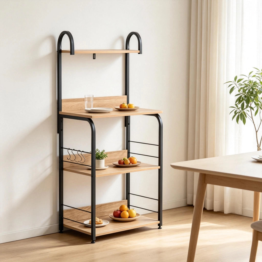 SCAFFALE DA CUCINA 60x40x125 cm Legno naturale e nero con 4 ripiani e 4 ganci