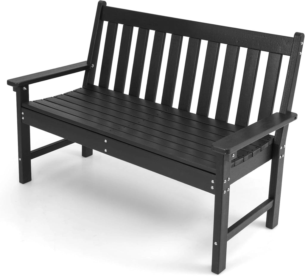 Panca da giardino per 2 persone, panca da parco in plastica con schienale alto, panca da esterno, resistente alle intemperie, per giardino, patio, terrazza, 132 x 65 x 91 cm