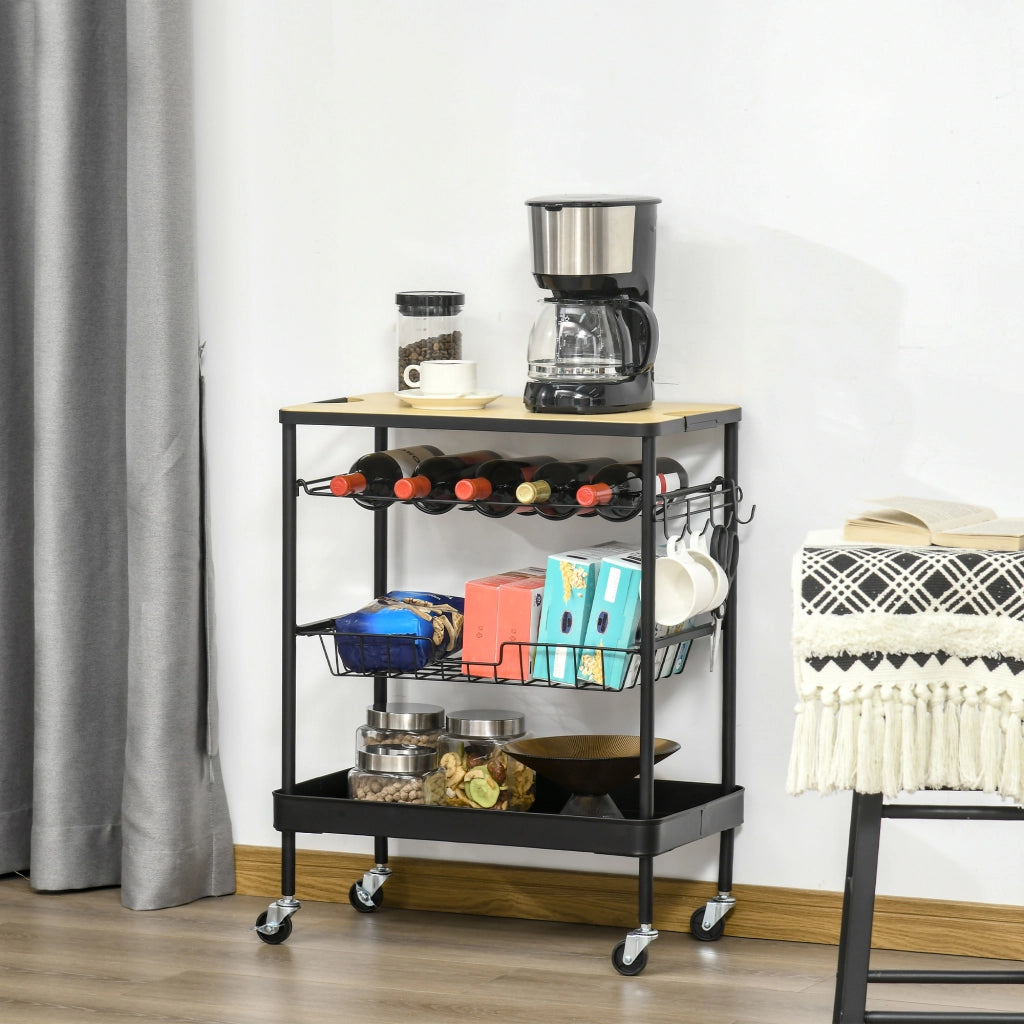 Carrello Multiuso per Cucina con Cestino e Portabottiglie ¨C Zephmum ¨C Nero 60.5x35.5x75 cm