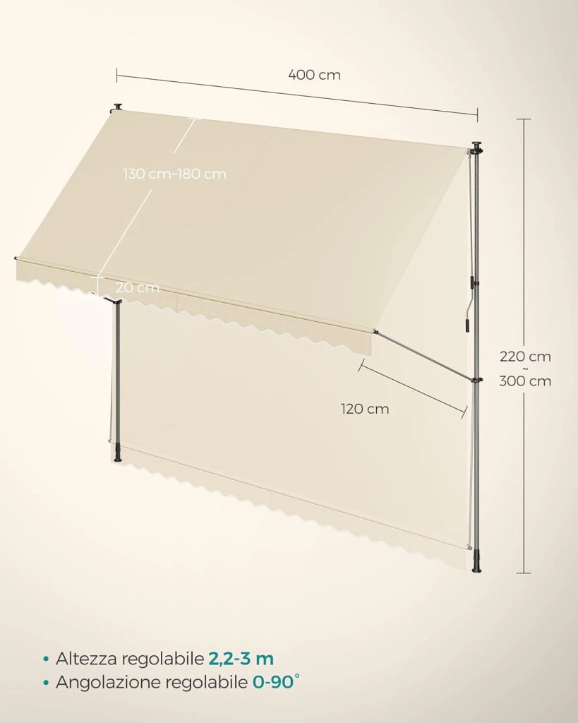 SONGMICS Tenda da Sole Avvolgibile, Tendalino Parasole Retrattile Manuale, Regolabile in Altezza con Manovella per Balcone Giardino Patio, 400 x 120 cm, Beige GSA402M01