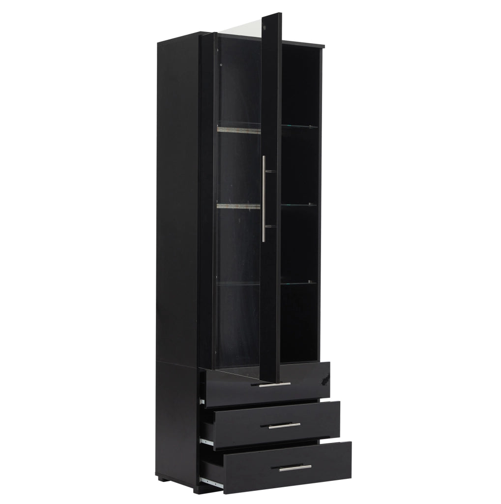 Vetrina verticale nera 60x35x180 cm in MDF con LED; 1 porta; 3 cassetti e frontale lucido