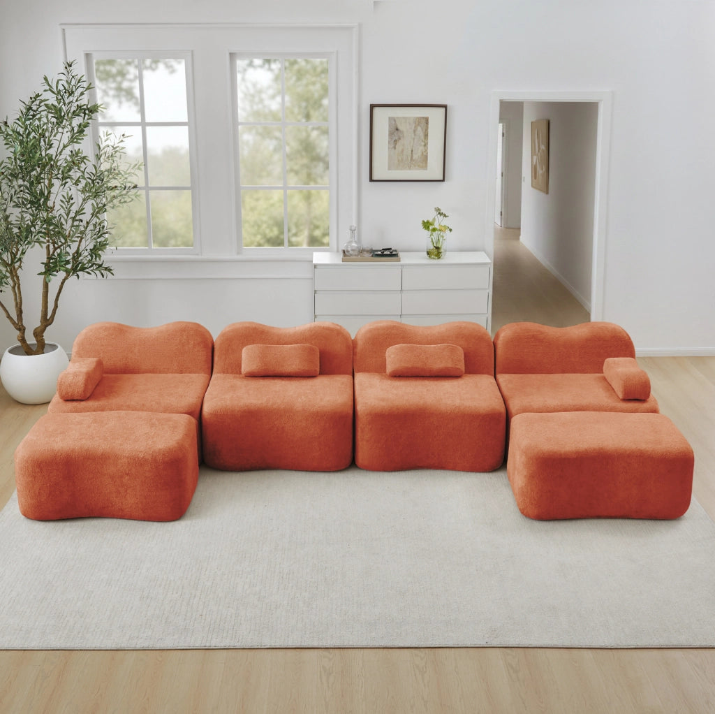 Divano modulare angolare in velluto arancione 384x167x70 cm; configurazione U o L