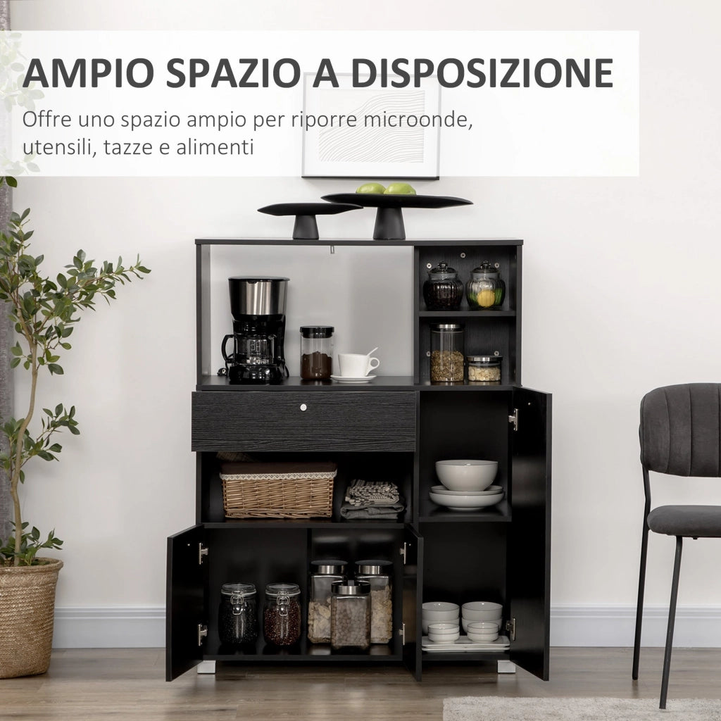 Credenza da Cucina 90x40x120 cm per Microonde con Armadietti Mensole e Cassetto in Legno Nero
