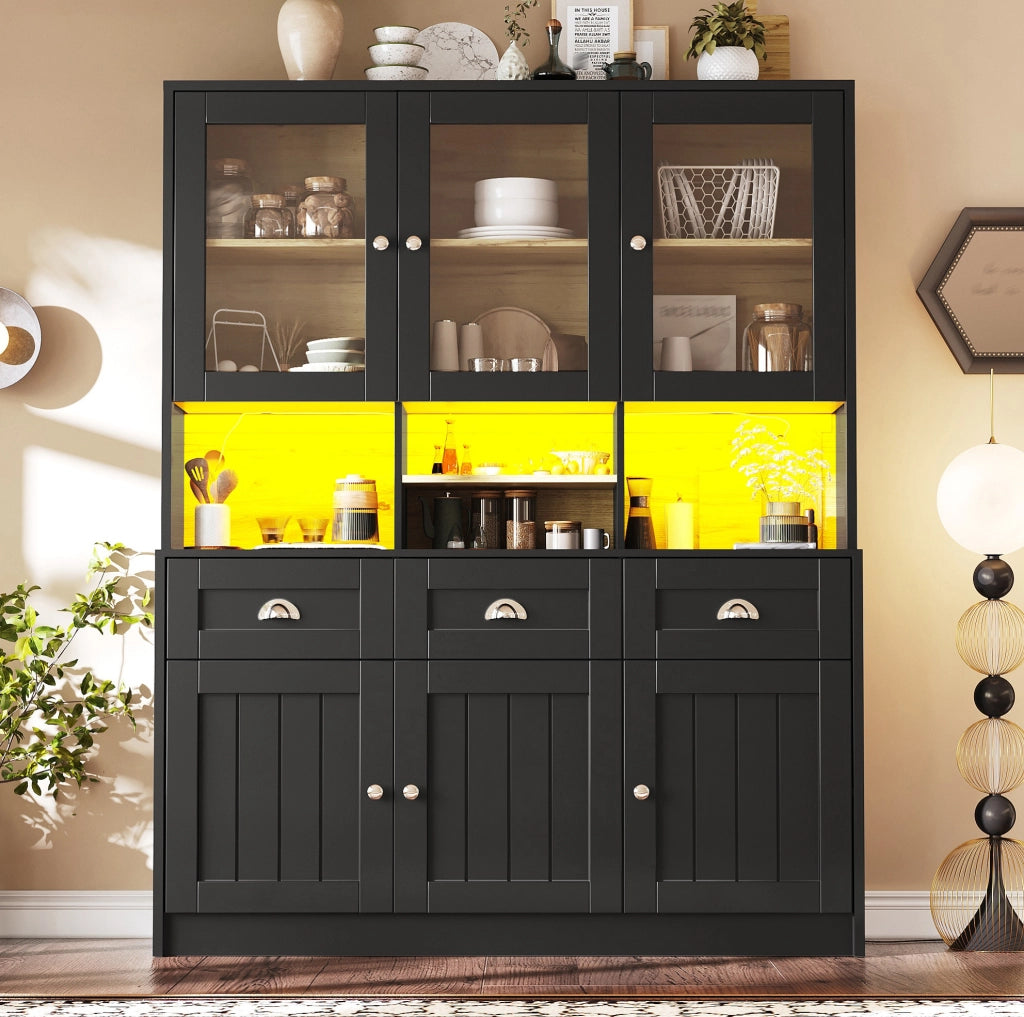 Credenza alta 140x40x175 cm con illuminazione LED controllabile da app in MDF nero