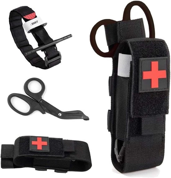Tourniquet e molletta tattica con forbice EMT e borsa per emergenze mediche esterne.