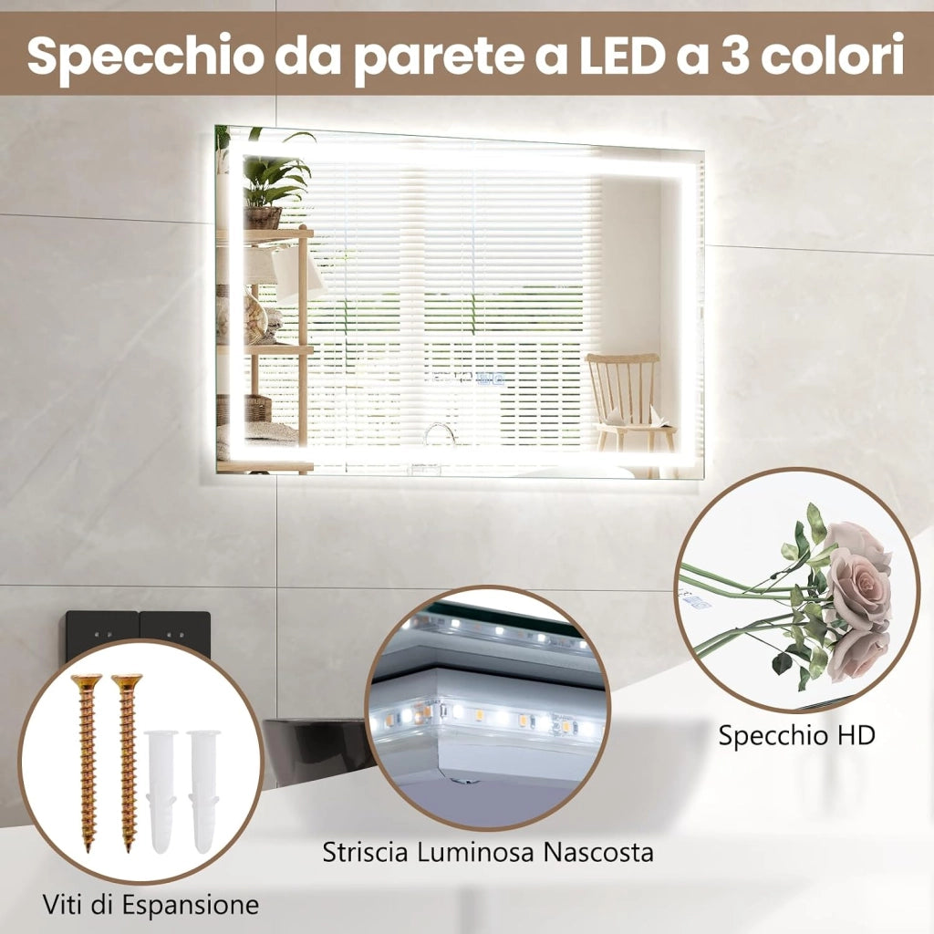 60x40/75x50 cm Specchio da Bagno a LED, Specchio Rettangolare a Parete con Luminosità Regolabile, 3 Temperature di Colore, Funzione Anti-appannamento e Memoria (60 cm x 40 cm)