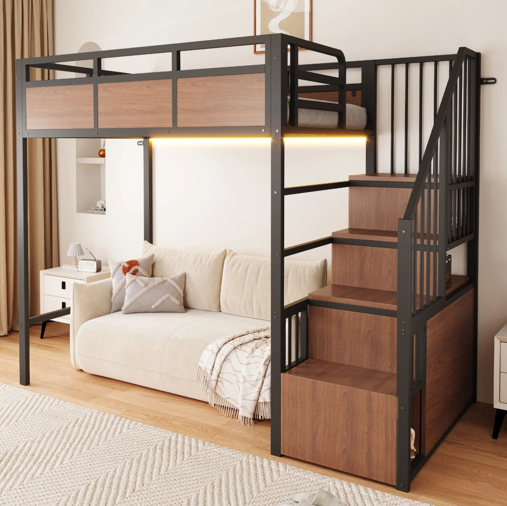 Letto a soppalco in metallo 90x200 cm con LED; scala contenitore e protezioni alte; nero