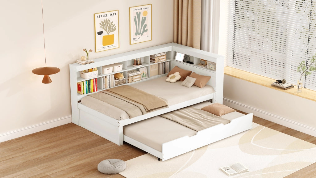DESMIU Letto singolo 90 × 200 cm con letto estraibile 90 × 190 cm, USB e vani, senza materasso, bianco