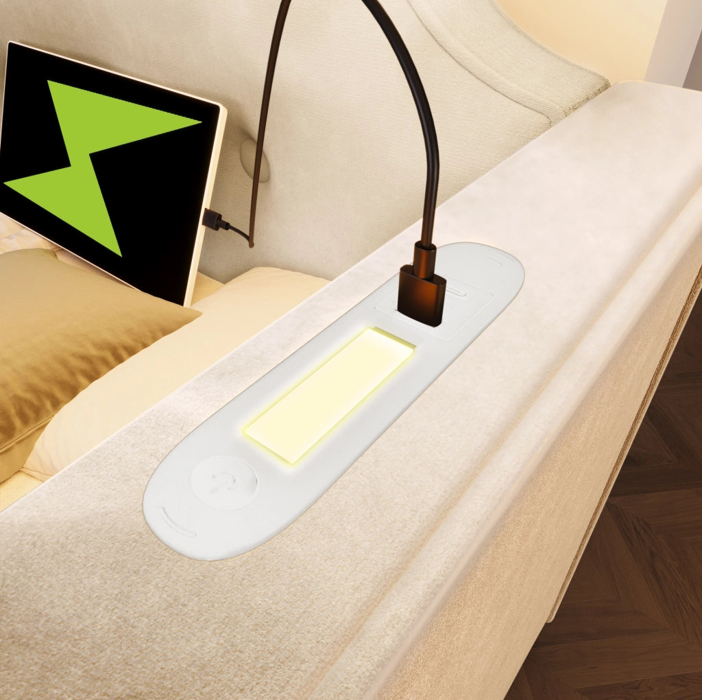 Letto singolo imbottito 90x200 cm in velluto beige con USB Type-C; lampada da lettura e 2 cassetti
