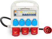 Distributore di corrente per costruzione 2 x CEE 400V/16A e 1 x CEE 400V/32A con prese Schuko per uso in cantiere