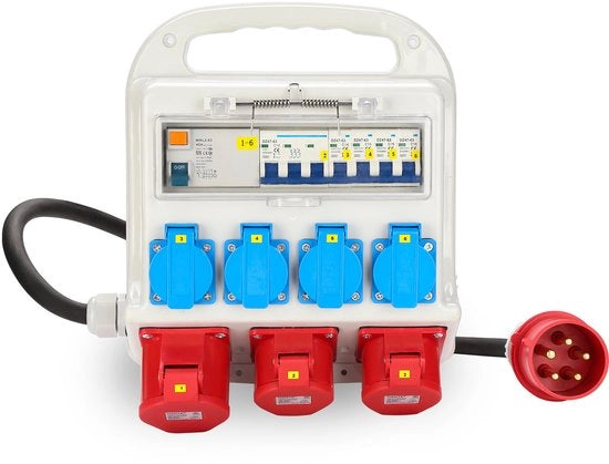 Distributore di corrente per costruzione 2 x CEE 400V/16A e 1 x CEE 400V/32A con prese Schuko per uso in cantiere