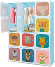 Guardaroba Portatile per Bambini, Armadio Portatile con 12 Cubi, Organizzatore Modulari per Camera dei Bambini Soggiorno, 109 x 35 x 145 cm (Blu)
