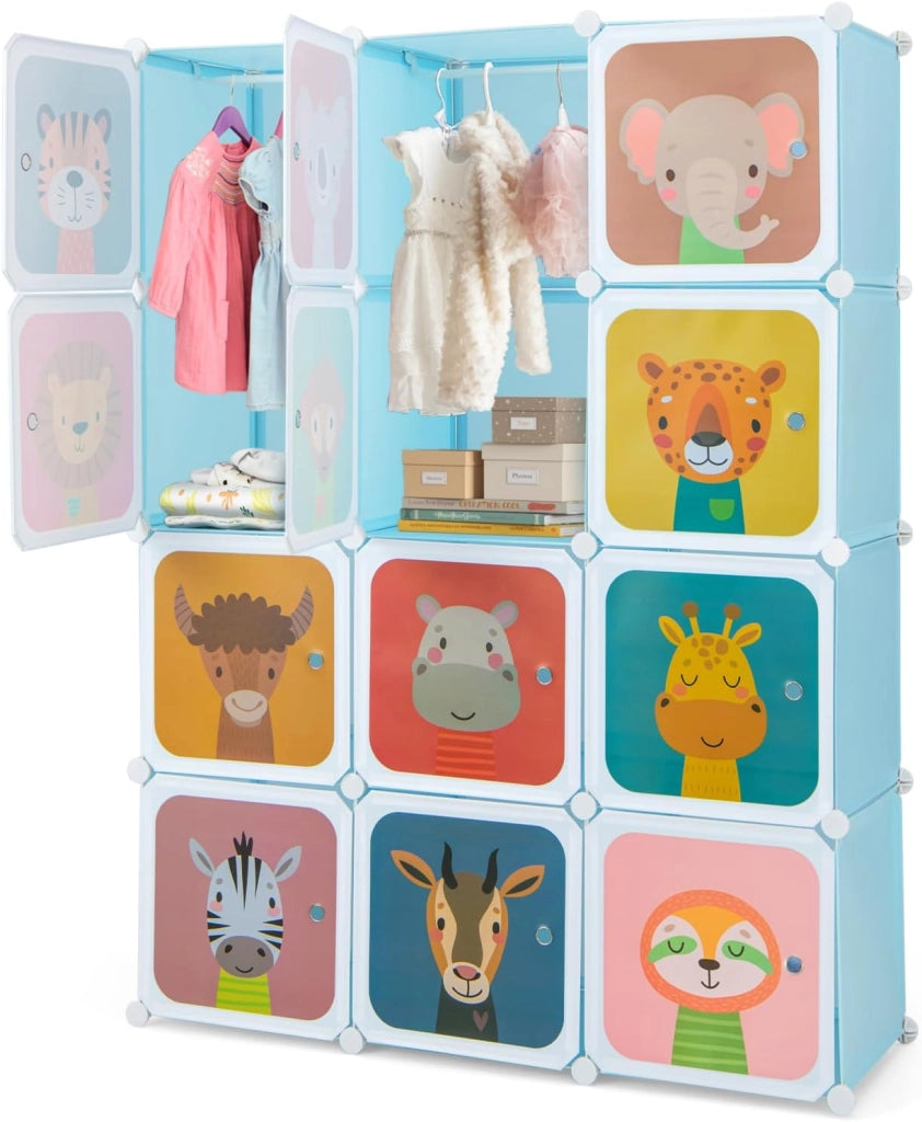 Guardaroba Portatile per Bambini, Armadio Portatile con 12 Cubi, Organizzatore Modulari per Camera dei Bambini Soggiorno, 109 x 35 x 145 cm (Blu)