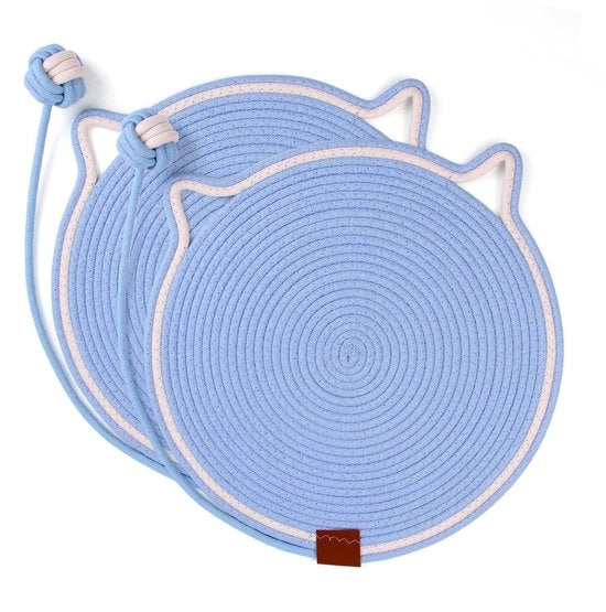 Matto per gatto, 2 pezzi, blu, bordo a rullo di cartone con spazzole, matto a sisal 42x42cm, assi di legno naturale per la protezione dei tappeti e dei divani (blu)