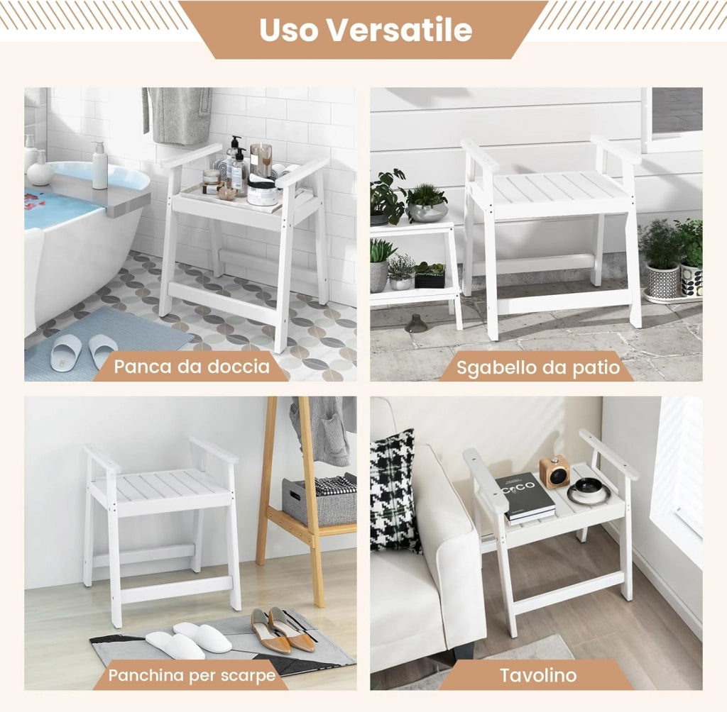 Sgabello da Bagno con Braccioli, Sgabello Doccia Impermeabile con Piedini Antiscivoli, Panca Versatile con Carico 150 kg, 58x52x61,5cm (Bianco)