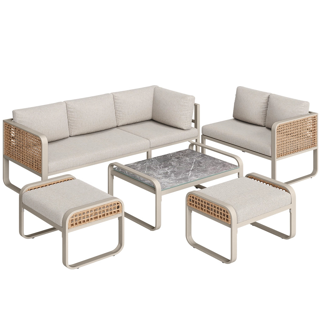 Set Divano da Giardino Angolare 6-7 Posti ¨C MINIMAL ¨C Polyrattan Beige con Cuscini