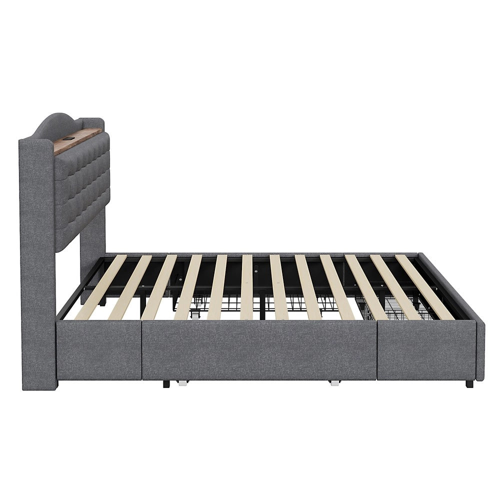 Letto Imbottito Matrimoniale con Cassetti e Comodini ¨C MINIMAL ¨C Tessuto Grigio 140x200