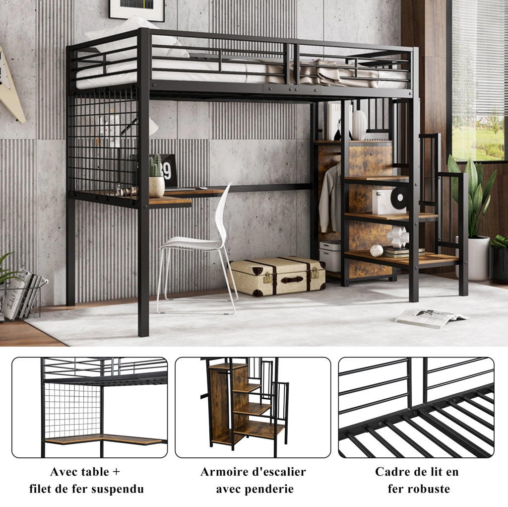 Letto a soppalco 90x200 cm con armadio integrato e scala laterale; MDF e metallo; nero noce scuro