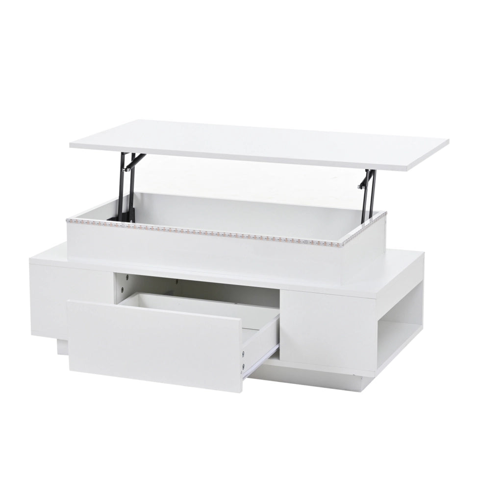 Tavolino da caff¨¨ 96x45x40 cm sollevabile con LED, cassetto e vano contenitore bianco