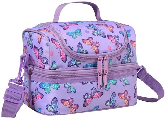 Lunchtas per bambini, lattine riutilizzabili, leggere, isolate, con due compartimenti e sacchetto a spalla regolabile e rimovibile, impermeabili, con disegno farfalle viola