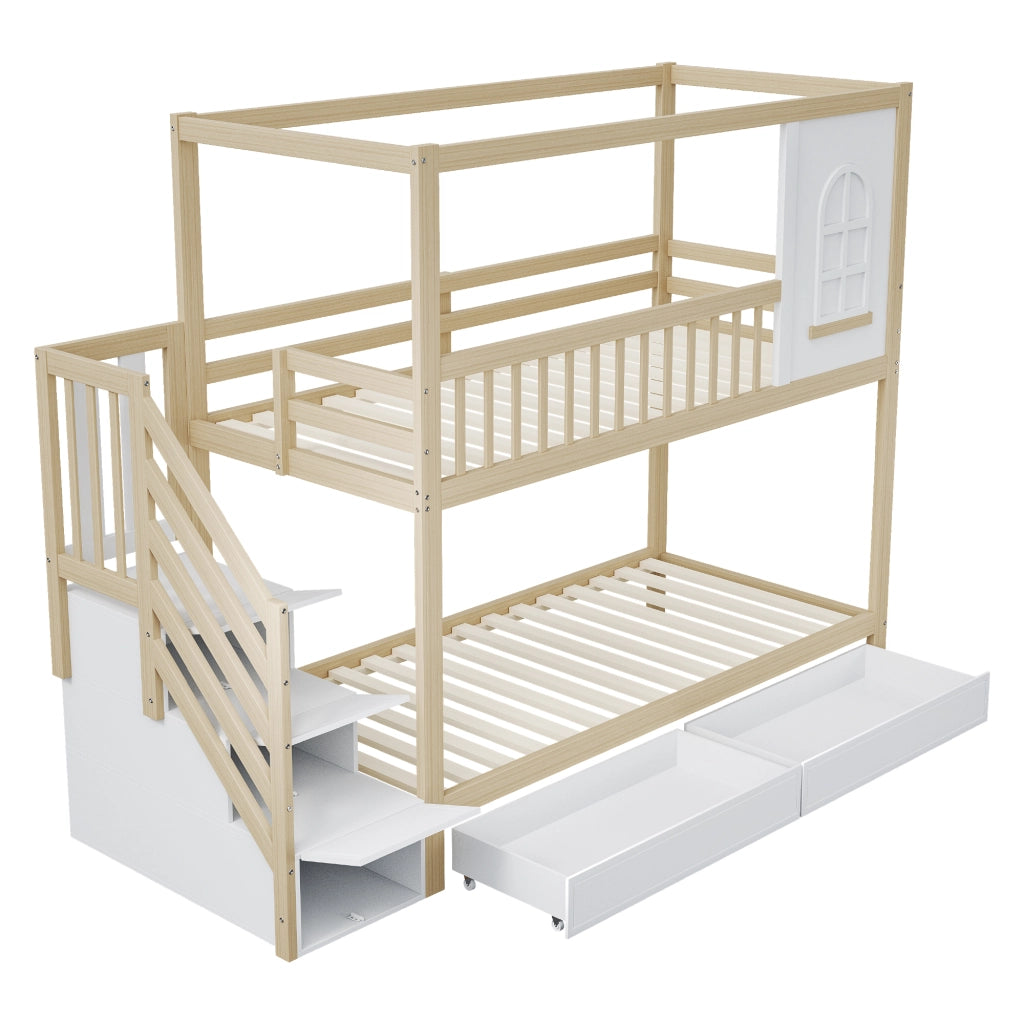 LETTO A CASTELLO 90x200 cm Legno naturale con scala e cassetti