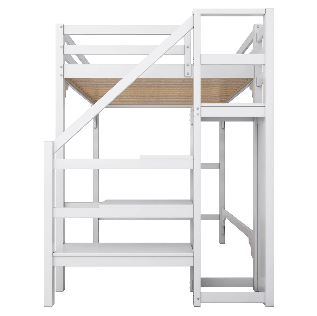 Letto a soppalco ULEVR 140x200 cm con armadio, scala contenitore e rete a doghe, bianco