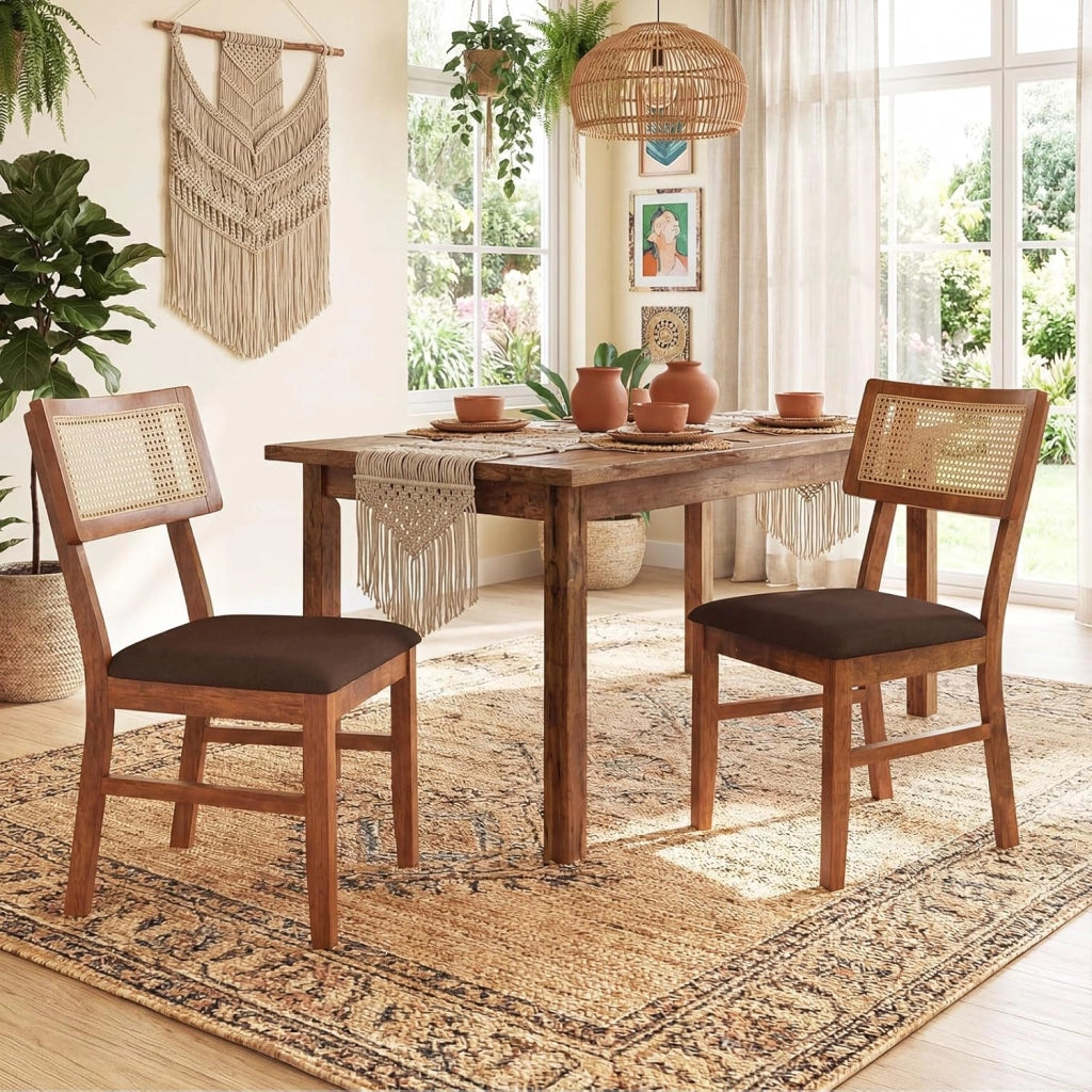 Set di 2 Sedie da Pranzo, Sedie Imbottite con Schienale in Rattan Intrecciato, Struttura in Legno di Hevea, Seduta in Velluto, Portata 180 kg, Sgabello d’Accent Boho per Soggiorno e Cucina
