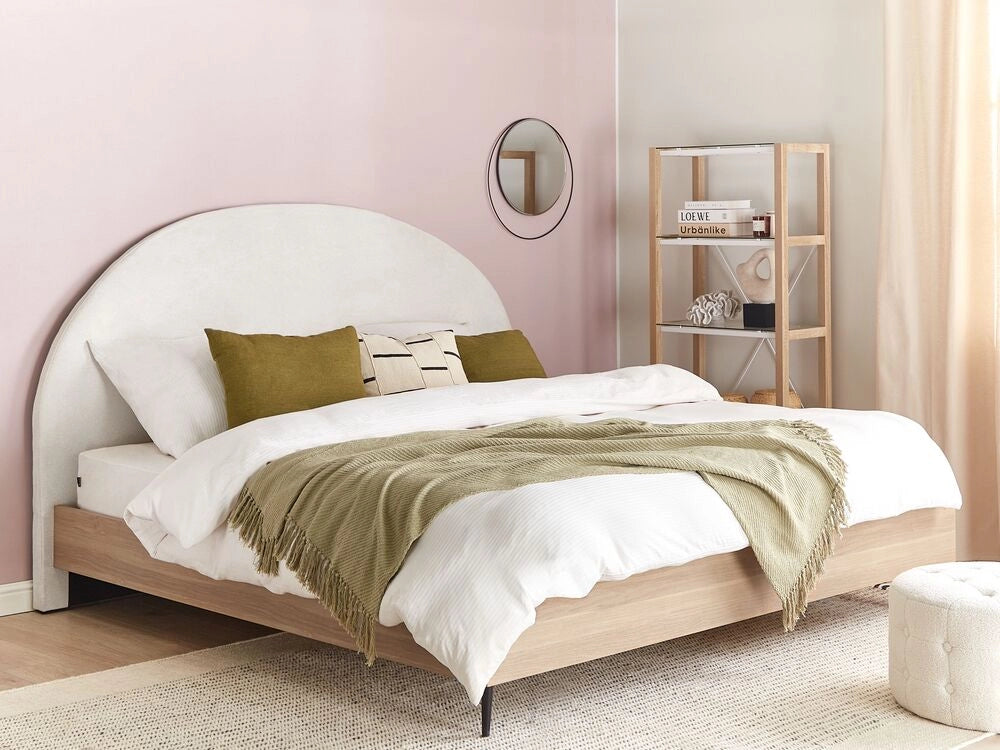 Telaio del letto in tessuto bianco e beige UE Dimensioni 180 x 200 cm Testiera imbottita Telaio in MDF Gambe in metallo Base a doghe in legno Camera da letto in stile moderno