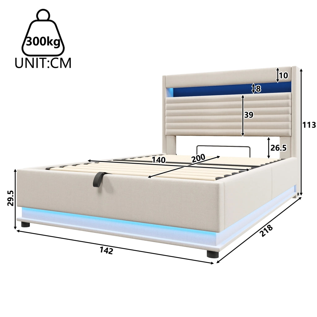 DESMIU Letto contenitore 140 × 200 cm 2 posti con LED, USB Type-C, vano idraulico, senza materasso, in lino, beige