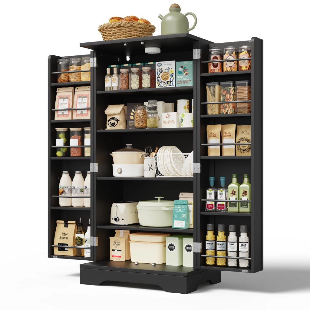 Mobile Dispensa 60x40x120 cm Nero con LED Sensore; 2 Ante; Ripiani Regolabili e Portaoggetti