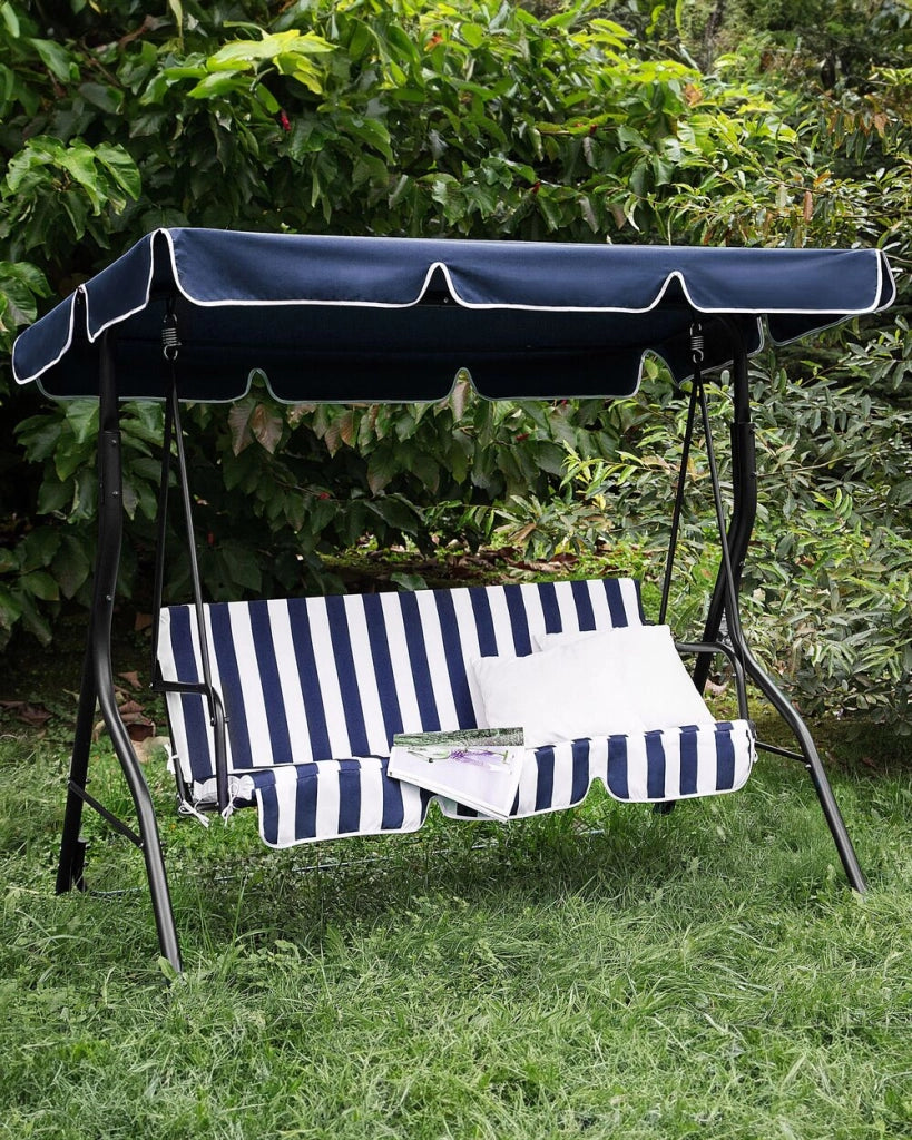 Altalena da giardino per patio con struttura in acciaio a rete a righe blu a 3 posti con baldacchino