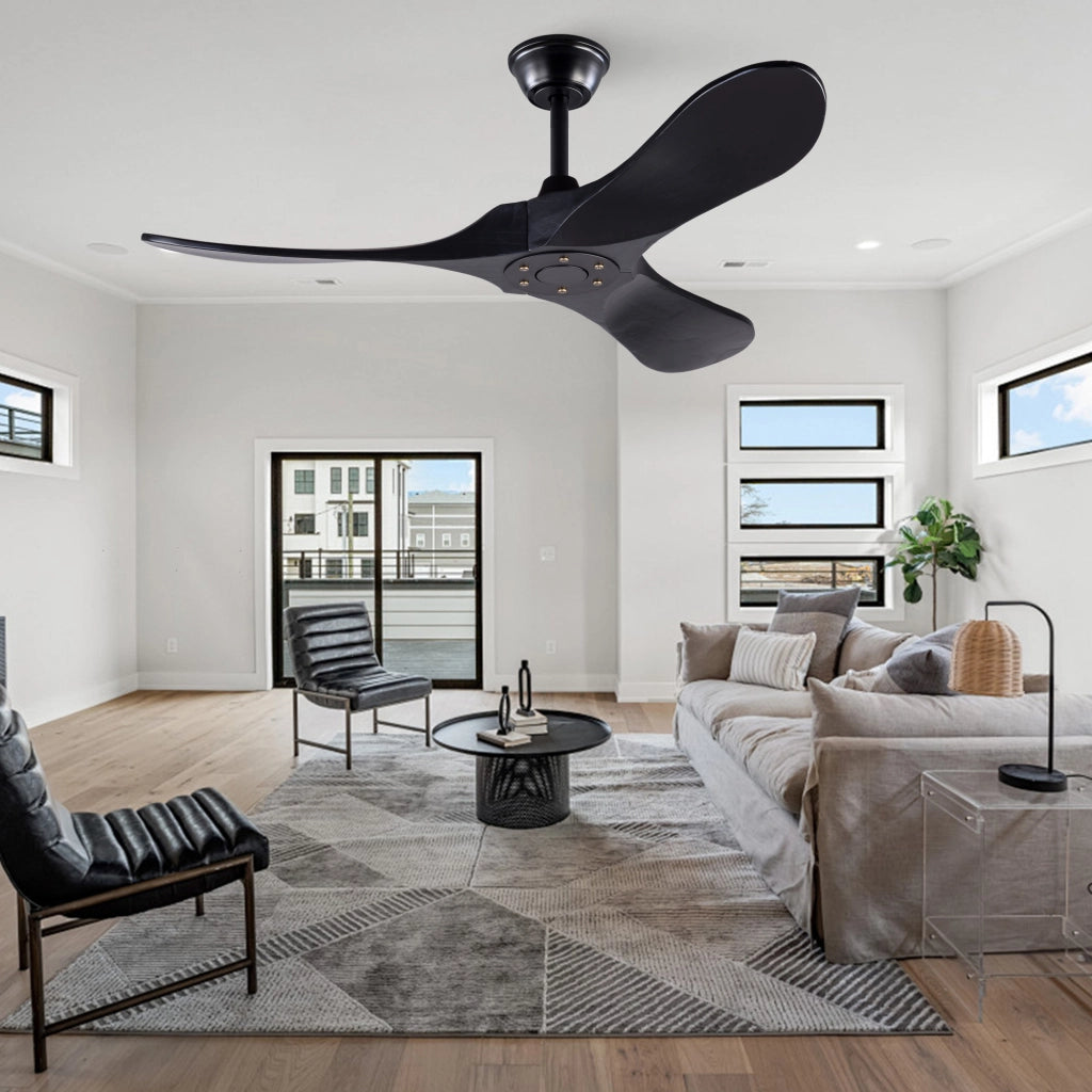 Ventilatore da soffitto nero design moderno 52 pollici, 3 pale legno massello, senza illuminazione, motore DC reversibile silenzioso