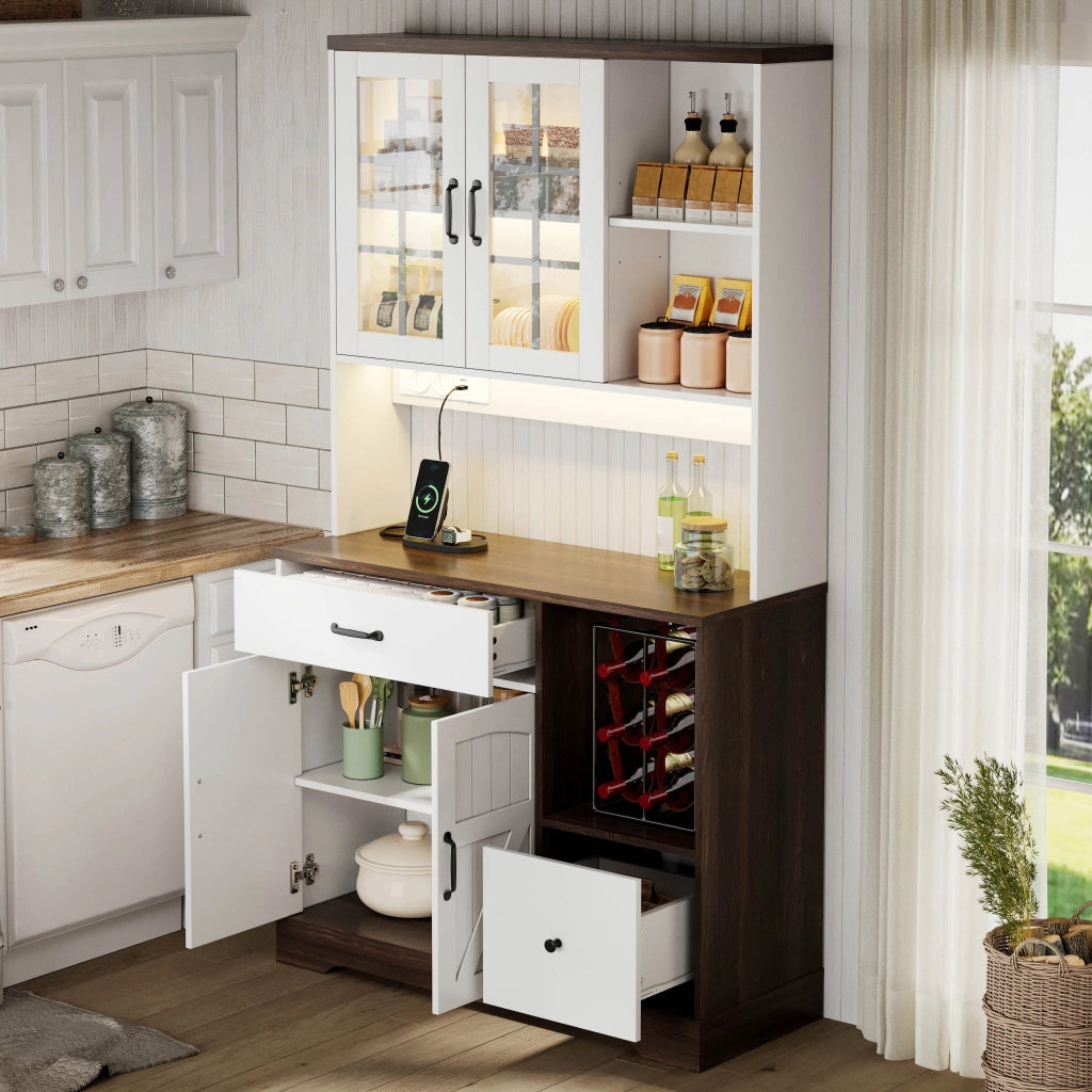 Credenza alta da cucina con LED, prese e ripiani regolabili, ante in vetro per cucina e soggiorno 105 × 40 × 185 cm