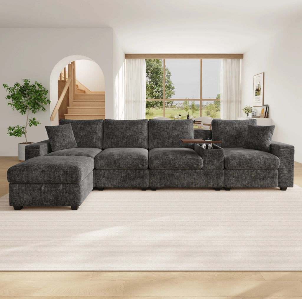 Divano modulare angolare 5-6 posti con pouf; tavolino girevole 360°; USB/Type-C; ciniglia grigia