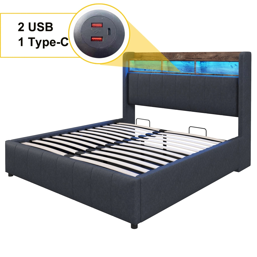 DESMIU Letto contenitore 2 posti con LED regolabile, USB, Type-C e ripiani, 140 × 200 cm, senza materasso