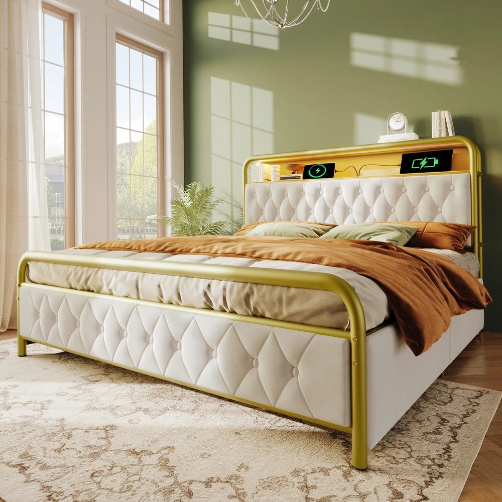 Letto Imbottito Matrimoniale con Cassetti e LED ¨C MINIMAL ¨C Velluto 140x200