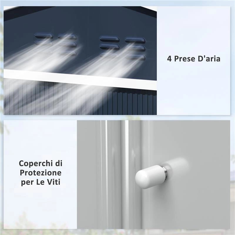 CASETTA PORTA ATTREZZI IN ACCIAIO CON TETTO INCLINATO E 2 PORTE SCORREVOLI 277X195X192 CM GRIGIO SCURO