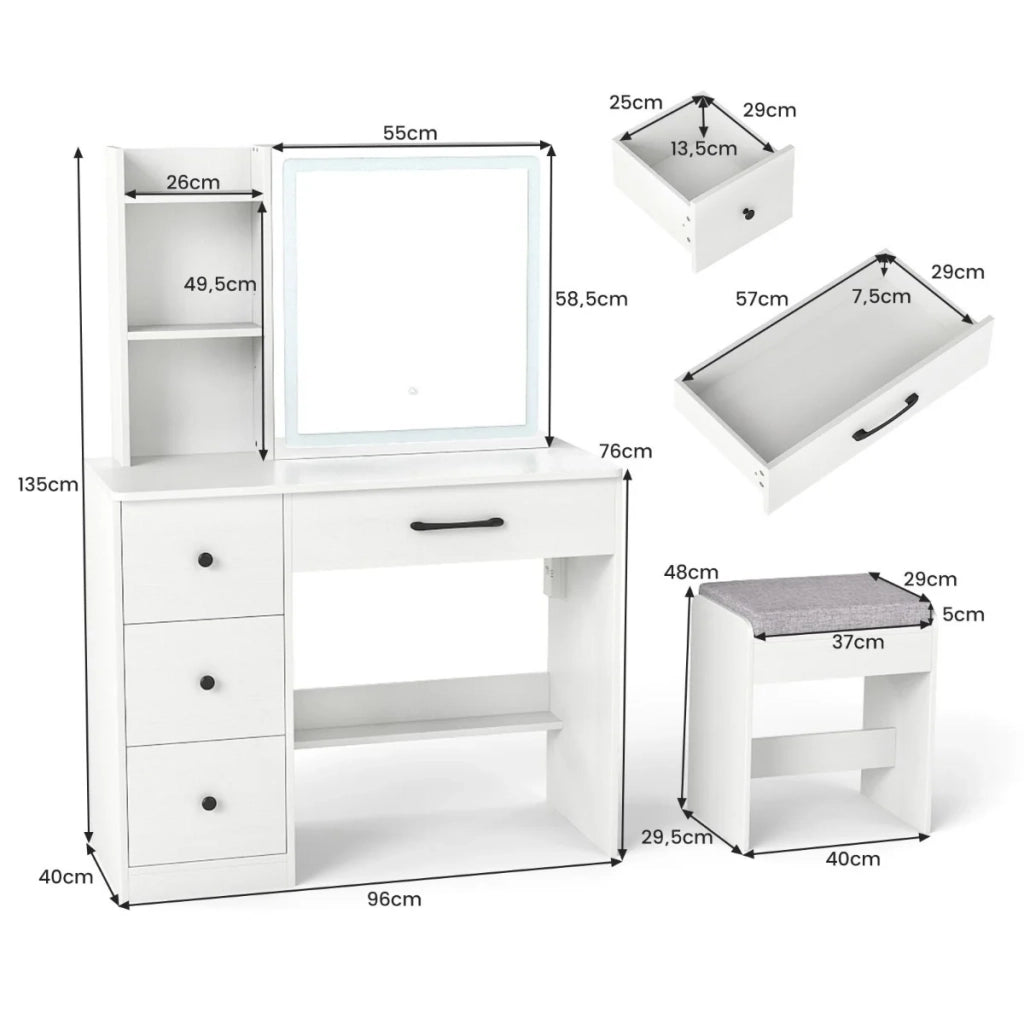 Toeletta con specchio e sgabello 96 x 40 x 135 cm spazio di archiviazione ottimizzato stile moderno legno lavorato bianco 20_0018755