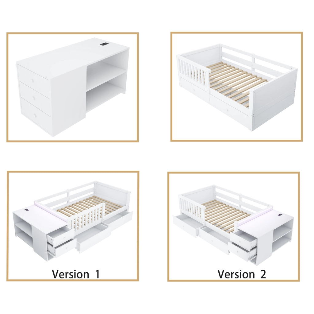 Letto per bambini 90x200 cm con contenitore separato; LED e presa; legno bianco