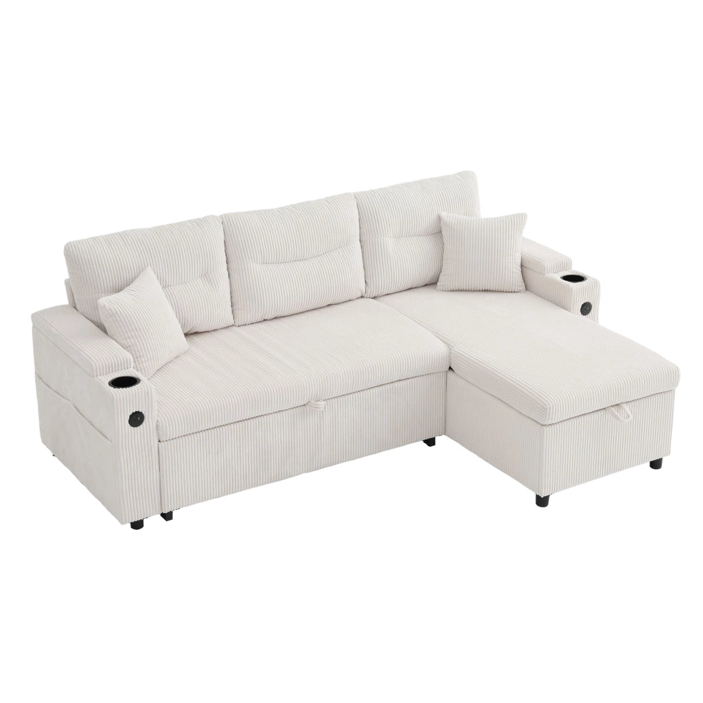 Divano modulare convertibile con letto estraibile chaise longue idraulica porta usb tipo c e vano in velluto beige